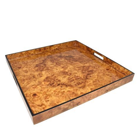 Lacquer Large Square Tray (Walnut Burl with Black Trim) – Hudson & Vine Large Serving Trays, Walnut Burl, Tray Design, Square Tray, Lacquered Wood, Marquetry, Black Trim, Mild Soap, Serving Tray