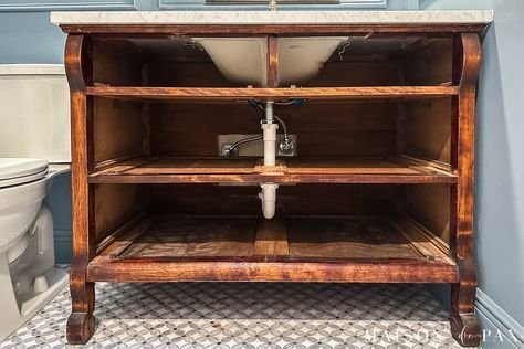 How to Turn a Dresser into a Vanity - Maison de Pax Antique Dresser As Vanity, Painted Shower Tile, Moody Bathroom, 36" Vanity, Wood Sealer, Diy Bathroom Vanity, Dry Sink, Dresser Vanity, How To Install Countertops