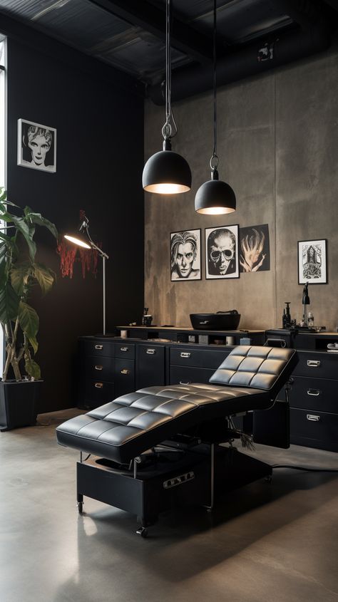 Tattoo Room Studio, Tattoo Studio Decoration, Tattoo Studio Aesthetic, Tattoo Shop Aesthetic, Loft Aesthetic, Tattoo Shop Interior, Tattoo Shop Decor, Tattoo Studio Interior, Foodtrucks Ideas