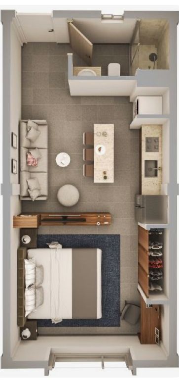 Small Long Studio Apartment Layout, One Room Apartment Layout, Monoambiente Ideas, Studio Apartment Plan, Small Apartment Floor Plans, Small Apartment Layout, Small Studio Apartment Design, Small Apartment Plans, Studio Apartment Floor Plans