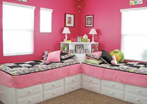 Great Idea For Two Beds In One Room! Use A Square Table In Between And Put And Corner Shelf On Top. Twin Beds, Square Table, Corner Shelves, White Furniture, Kid Spaces, Kids' Room, 2 Beds, My New Room, Boy's Room