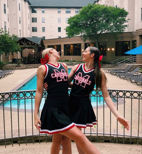 Blue And Red Cheer Uniforms, Modest Cheerleading Uniforms, Red And White Cheer Uniforms, Red And Black Cheer Uniforms, Cheerleading Outfits Black, Red School Uniform Aesthetic, Red Uniform Aesthetic, Cheer Uniform Ideas, Black Cheer Uniforms