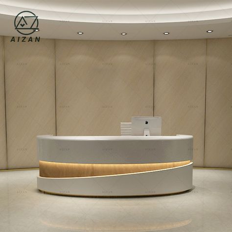 Curved office hotel bank reception desk counter Circular Reception Desk Design, Curved Reception Desk Design, Curved Reception Counter, Circular Reception Desk, Salon Reception Counter, Curved Office, Office Reception Counters, Stone Reception Desk, Info Desk