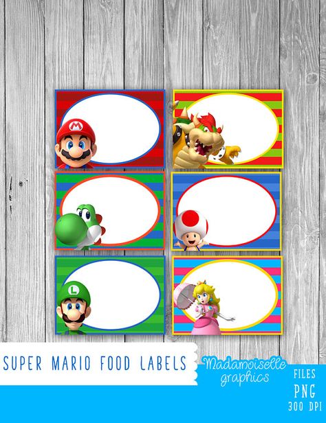 Mario Coins Printable, Mario Party Food Labels Free Printable, Mario Food Labels, Mario Birthday Party Food, Super Mario Food Labels Free, Super Mario Thank You Tags Free, Super Mario Food Labels, Mario Food, Super Mario Water Bottle Label Free