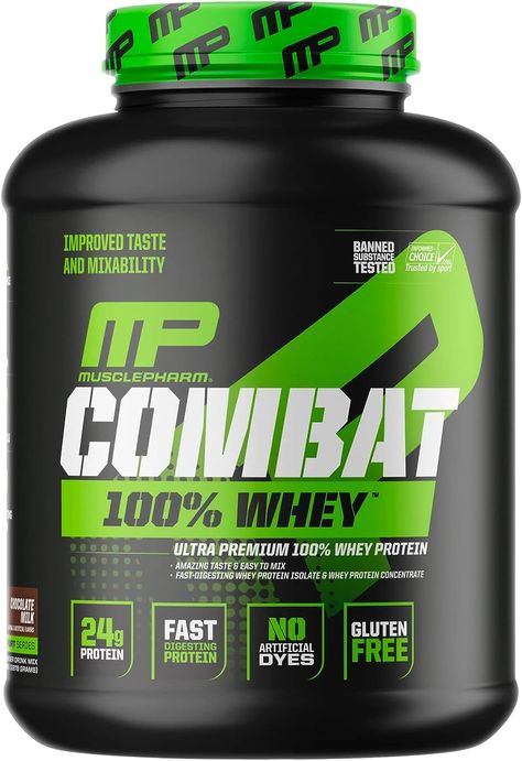 GET MORE OUT OF EVERY SCOOP - Every scoop of Combat 100% Whey is packed with 24g of whey protein concentrate and fast-digesting whey protein isolate. Plus, it’s low in fat and free of artificial dyes, fillers, gluten & other undesirable ingredients. TASTES GREAT, MIXES EASILY - Take this great-tasting Chocolate Milk protein any time of day, before or after a workout, to fuel the athlete inside of you. Protein Powder For Women, 100 Whey Protein, Artificial Dyes, Muscle Pharm, Nutrition Science, Whey Protein Concentrate, Protein Shake Recipes, Whey Protein Powder, Whey Protein Isolate