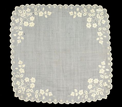 Handkerchief Date: 1850–60 Culture: French Medium: Linen Credit Line: Brooklyn Museum Costume Collection at The Metropolitan Museum of Art, Gift of the Brooklyn Museum, 2009; Gift of Nayan Little, 1931 Accession Number: 2009.300.4201 Historical Embroidery, قلادات متدلية, Poor Things, Embroidery Artwork, Vegetable Bag, Lace Handkerchief, Ladies Handkerchiefs, Silver Springs, Embroidered Handkerchief