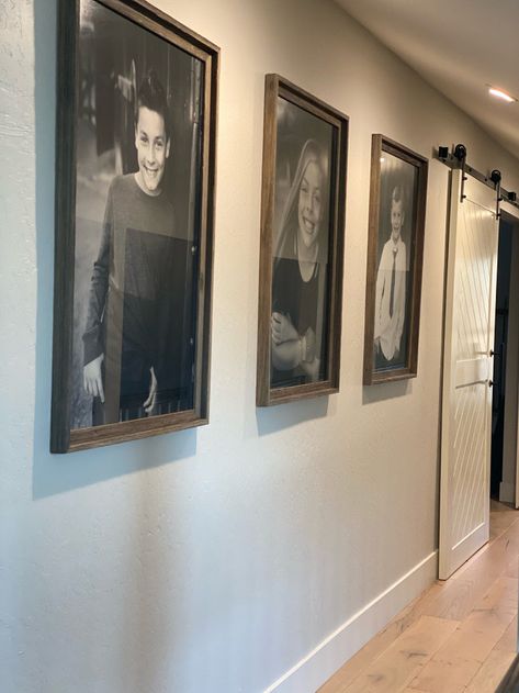 Family Portrait Hanging Ideas, Farmhouse Hallway Picture Display, Portrait Display Ideas, Senior Picture Wall Display Home Decor, Family Pictures Display Ideas, How To Decorate With Family Photos, Canvas Family Pictures Display, Smallwoods Picture Ideas, Smallwoods Gallery Wall