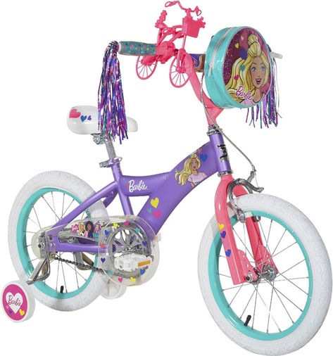 * Sturdy steel frame with purple glow-effect paint finish and authentic Barbie graphics
    *16 inch wheel size for rider 4-8 years or 43-48" tall
   * Front caliper brake and rear coaster brake
   * Ride-with-me Barbie minibike and handlebar bag
   * Adjustable and removable training wheels
  * Limited lifetime warranty on frame and fork Barbie Bike, Childrens Bike, Custom Barbie, Bicycle Types, Bmx Bike, Handlebar Bag, Paint Finish, Bmx Bikes, Mini Bike