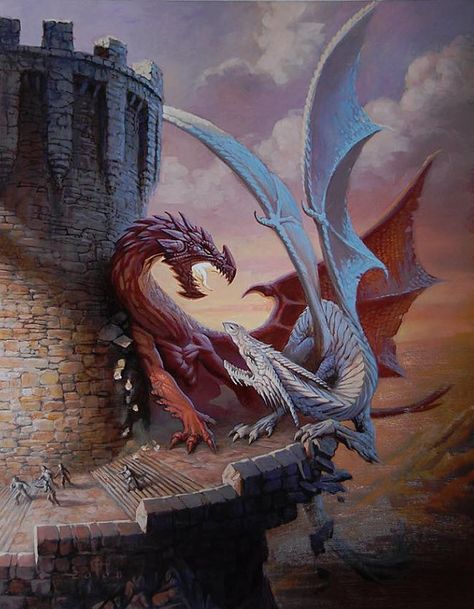 Daren Bader - Enter the Dragons 80s Dragon Art, Retro Dragon Art, Dungeons And Dragons Art, Dragon Pictures, Fantasy Paintings, Fantasy Dragon, High Fantasy, Fantasy Illustration, Medieval Art