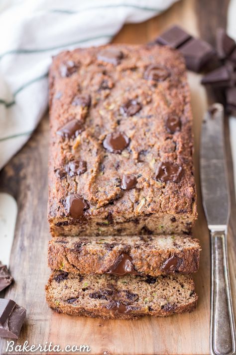 Paleo Chocolate Chunk Zucchini Bread • Bakerita Banana Bread No Sugar, Chocolate Chunk Banana Bread, Keto Banana, Keto Banana Bread, Paleo Banana Bread, Paleo Banana, Paleo Diet Recipes, Paleo Chocolate, Low Carb Chocolate