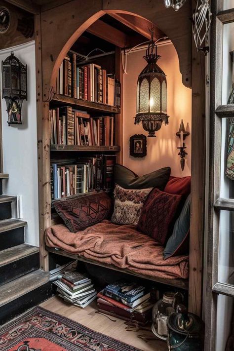 reading nook gothic Book Nook Design, Antique Reading Nook, Old World Library Decor, Fantasy Inspired Home, Weird Nook Ideas, Moody Book Nook, Spooky Reading Nook, Library Nook Home, Eclectic Home Library