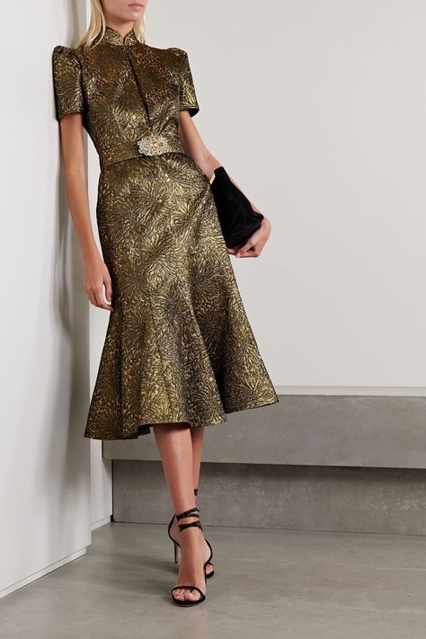 Midi Skirt Styling, Skirt Styling, Midi Skirts Style, Andrew Gn, Occasion Wear Dresses, Embellished Belt, Jacquard Dress, Gold Dress, Fashion Details