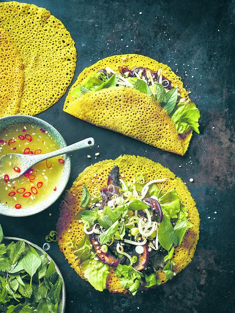 Food and Travel Magazine | Bánh xèo (Vietnamese pancakes) mushroom filling Pancake Fillings, Vietnamese Pancakes, Mushroom Filling, Vegan Recepies, Banh Xeo, Veg Dishes, Deli Food, Food Painting, Travel Magazine