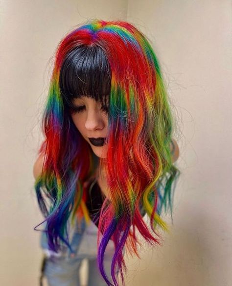 Rainbow Pinwheel Hair, Rainbow Halo Hair, Black And Rainbow Hair, Rainbow Mullet, Queer Mullet, Goth Hairstyles, Split Dyed Hair, Joico Color, Faded Hair