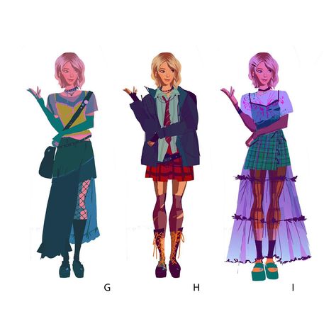 Gwen Stacy Character Design, Gwen Stacey Inspired Outfits, Spider Gwen Concept Art, Spider Gwen Outfit Ideas, Spiderverse Inspired Outfits, Spider Gwen Inspired Outfit, Gwen Stacy Concept Art, Spiderverse Outfit, Spider Gwen Outfit