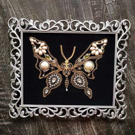 Birthday Gift /Butterfly Framed Jewelry Collage Art / Valentine's Day Gift/ Love You Gift / Midcentury-modern wall art Jewelry Tree Craft, Butterfly Wall Hanging, Jewelry Collage, Framed Butterfly, Jeweled Picture, Old Jewelry Crafts, Costume Jewelry Crafts, Framed Jewelry, Vintage Jewelry Ideas