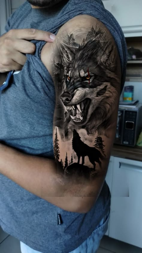 Wolf Tattoo On Arm, Black Wolf Tattoo, Fenrir Tattoo, Animal Tattoos For Men, Wolf Tattoos Men, American Traditional Tattoo Ideas, Cute Tattoo Ideas, Traditional Tattoo Ideas, Crazy Tattoos