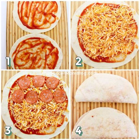 4 step photo collage showing how to make pepperoni pizza quesadillas Taco Shell Pizza, Tortilla Pizza Quesadilla, Pizza On Soft Taco Shell, Tortia Shell Pizza, Recipes With Soft Tortilla Shells, Pepperoni Quesadilla, Pepperoni Pizza Quesadillas, Unique Pizza Recipes, How To Make Pepperoni