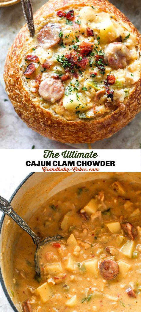 This Cajun Clam Chowder is rich and creamy, with just the right amount of Creole spices, salty bacon and andouille, clams, potatoes and veggies! #chowder #stew #clamchowder #seafood #clams #newenglandclamchowder #soup Corn Clam Chowder Recipe, Clam Soup Recipes, Cajun Soups And Stews, Southern Soup Recipes, Seafood Soups And Stews, Andouille Soup, Cajun Soup, Slow Cooker Clam Chowder, Winter Soups And Stews