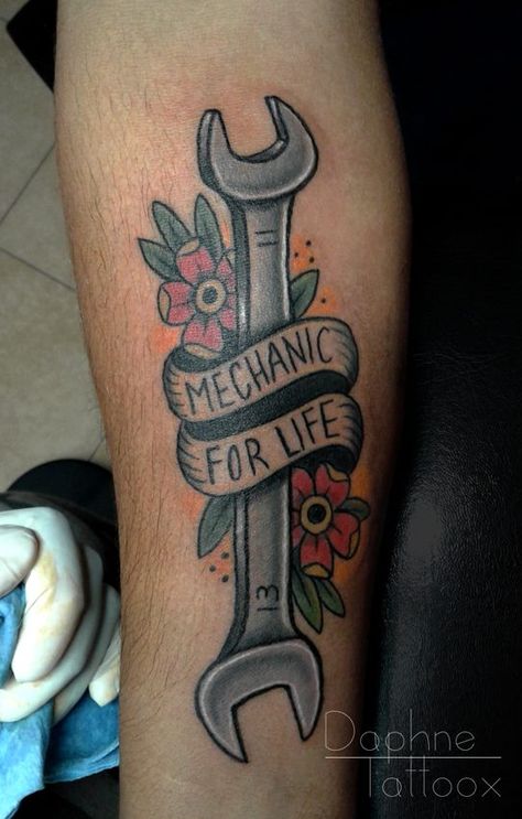 American Traditional Wrench Tattoo, Traditional Wrench Tattoo, Mechanic Tools Tattoo, Traditional Mechanic Tattoo, Wrench Tattoo Mechanic, Car Mechanic Tattoo, Mechanic Tattoo For Men, Gear Head Tattoo, Trucker Tattoo