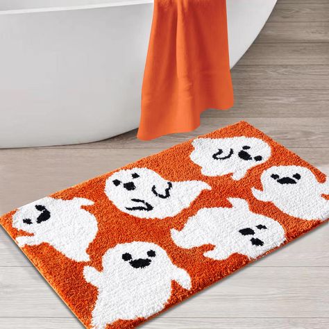 PRICES MAY VARY. -- SPOOKY BATH MAT HALLOWEEN BATHROOM DECOR -- The ghost bath mat's design is undeniably cute and adds a playful and charming touch to your bathroom decor It's a fun and whimsical piece that never fails to bring a smile to anyone who enters the room. Moreover, it will seamlessly complements your spooky decor theme, creating a slightly eerie ambiance. -- NON SLIP HALLOWEEN BATH MAT WITH HEAVY DUTY RUBBER BACKING -- The backing is actually a very important part which clearly conce Spookie Season, Floor Mats Living Room, Halloween Apartment, Shower Floor Mat, Halloween Bathroom Decor, Halloween Bath, Fall Bathroom Decor, Chenille Bath Mat, Fall House