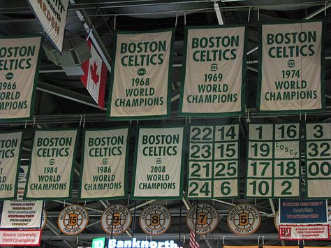 Championship Banners... Celtics Championship, Championship Banner, Basketball Display, Nike Nba, Nba Legends, Basketball Legends, Dirty Water, Hanging Posters, Fantasy Football