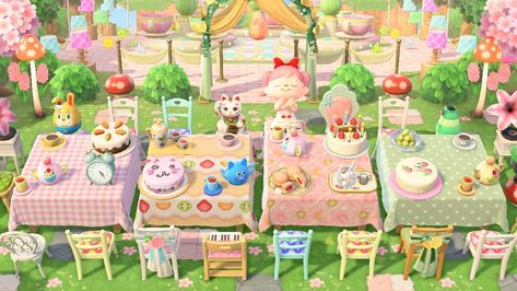 Tea Room Acnh, Acnh Party Area, Animal Crossing Tea Party, Acnh Tea Party, Tea Party Acnh, Tea Party Animal Crossing, Animal Crossing Tea House, Acnh Tearoom, Animal Crossing Kidcore