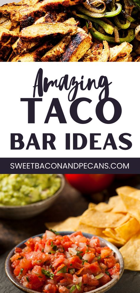 How to make a taco bar that is perfect for taco parties, graduation & birthday parties. Includes taco bar list of items, list of taco bar toppings & taco menu ideas for party. Taco bar ideas, DIY taco station, fun party ideas, Cinco de Mayo recipes ideas. When you make a purchase using a link on this page, we may receive a commission. As an Amazon Associate I earn from qualifying purchases. For more information, please see About Us. #TacoParty #DIYTacos #CincoDeMayo #FiestaTime #TacoNight Taco Bar Meat Ideas, Tostadas Bar Party, Halloween Taco Bar Party, Chicken Taco Bar Party, Camping Taco Bar, Chicken Taco Bar Ideas, Taco Salad Party Bar, Setting Up A Taco Bar, Best Taco Bar Ideas