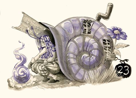 Shell House Drawing, Snail House Drawing, Snail Oc Art, Tiny People Drawing, Snail Shell Drawing, Snail Character Design, Tiny People Art, Nurse Oc, Snail Character