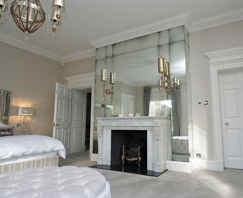 Master-Bedroom-Antique-Mirror-Fireplace Fireplace Modern Design, Chimney Decor, Antique Mirror Glass, White Fireplace, Mirror House, Fireplace Mirror, Perfect Bedroom, Modern Fireplace, Couple Bedroom