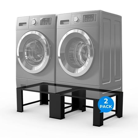 This support shelf can be used to keep your dryer and washer off the floor and raise it to a more suitable working height, so you won't need to bend over too much to load or remove your laundry. Made of high-quality steel, this upgraded laundry pedestal is very sturdy and can hold a washing machine with a weight of up to 350 lb. Thanks to the non-slip pads, the washing machine will stand stably. The feet are also rubberized, which makes them non-slip and keeps your floors from getting scratched. Assembly is easy. Upgraded Structure for Increased StabilityThe washing machine pedestal guarantees a steady and balanced laundry experience by raised eges to prevent water leaks, 2-in-1 integral molded panel, four extra bars for increased stability. Shock-absorbing mats and anti-slip feet are adde Raised Washer And Dryer Laundry Room, Raised Washer And Dryer Ideas, Washing Machine Pedestal, Washer And Dryer Stand, Laundry Room Pedestal, Washer And Dryer Pedestal, Washing Machine Stand, Laundry Makeover, Dryer Stand