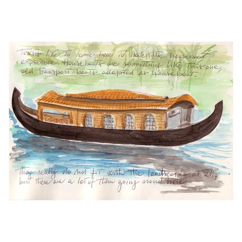 Kerala Boat Drawing, Kerala Piravi Drawings, Kerala Drawing, House Boat Kerala, Small House Design Kerala, Boat Illustration, Boat Drawing, Small Canvas Art, Small Canvas