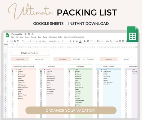 Notion Template Packing List, Google Sheets Checklist, Packing List Notion, Travel Spreadsheet, Packing Checklist Template, Vacation Prep, Packing List Template, Printable Packing List, Holiday Checklist