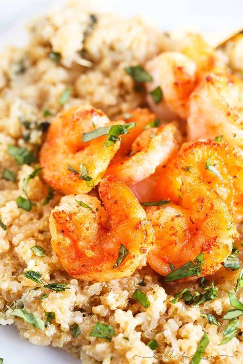 Garlic Butter Shrimp and Quinoa Shrimp And Quinoa Recipes, Shrimp With Quinoa, Shrimp And Quinoa, Quinoa Recipe, Table For Two, Garlic Butter Shrimp, Butter Shrimp, Healthy Recipe Videos, Healthy Food List