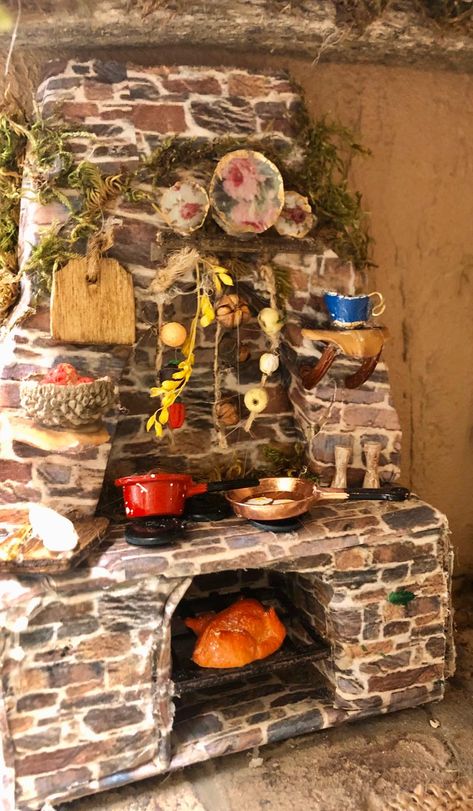 Kitchen for fairy house Fairy House Kitchen, Fairy Kitchen, Miniature Witch Cottage, Mini Fairy Cottage, Cottagecore Aesthetic Kitchen Fairy, Real Life Fairy House, Witches Cottage, Stone Oven, Fairy Garden Furniture