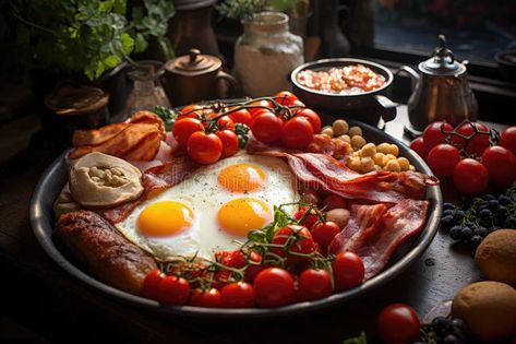 Traditional full English breakfast. AI Generated royalty free illustration Breakfast Photography, Fried Breakfast, Full English Breakfast, Bacon Tomato, Grilled Tomatoes, Fried Eggs, English Breakfast, Free Illustration, Sausages