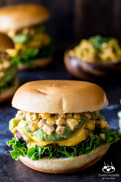 Mexican Street Corn Burgers with Guacamole - Shared Appetite Elote Burger, Mexi Burgers, Mexican Street Corn Pasta Female Foodie, Mexican Burgers, Restaurant Style Guacamole, Corn Burger, Guacamole Bacon Burger, Guacamole Burger, Mexican Burger