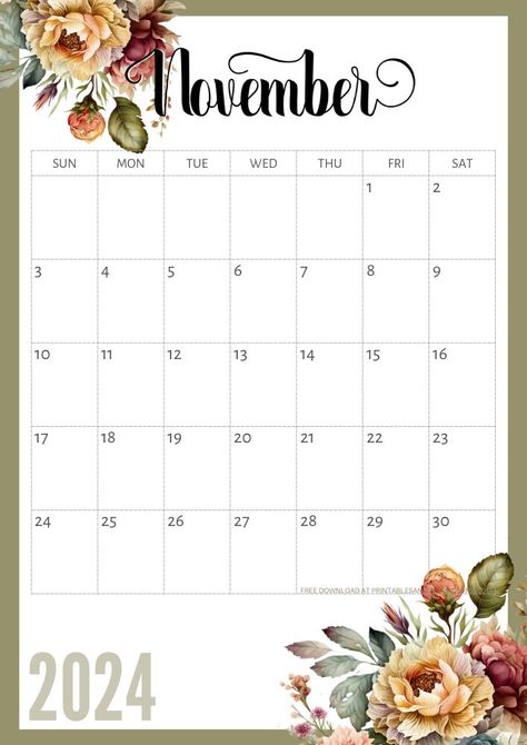 Free 2024 Vintage Floral Calendar Printable - Printables and Inspirations November 2024 Calendar Printable, Monthly Planner Design, Free Printable Calendar Templates, Calendar Designs, Floral Calendar, Mini Desk Calendar, November Wallpaper, Weekly Planner Free Printable, Make A Calendar