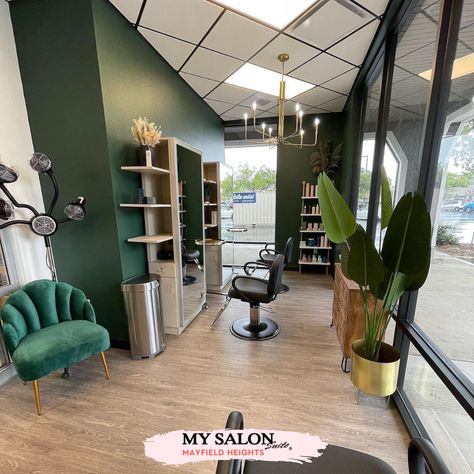 Green And Gold Salon Suite, Sage Green Salon Suite, Green And Black Salon, Emerald Green Hair Salon, Emerald Green Salon Suite, Green Hair Salon Interior Design, Sage Green Salon Decor, Sage Green Hair Salon, Green Salon Aesthetic