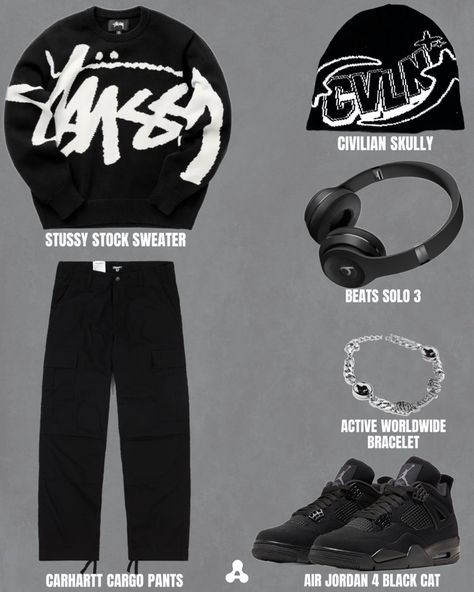 Jordan 4 Black Cat Outfit, Black Cat Outfit, Guys Fashion Swag, Styling Jordans, Carhartt Cargo Pants, Drip Fits, Jordan 4 Black, Drippy Outfit, Custom Shoes Diy