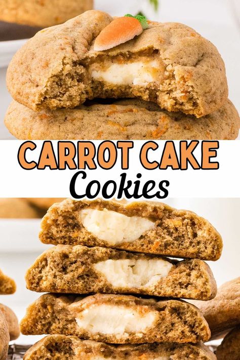 This easy Carrot Cake Stuffed Cookies recipe turns your favorite spiced cake, complete with freshly grated carrots and cream cheese frosting, into soft and chewy carrot cake cookies. Each handheld bundle is baked bakery-sized, so it’s big enough to house the surprise filling that’s hidden inside. Cake Stuffed Cookies, Carrot Cake Cookies Recipe, Strawberry Shortcake Cookies, Spiced Cake, Cookie Dough Filling, Butterbeer Recipe, Candied Carrots, Carrot Cookies, Stuffed Cookies