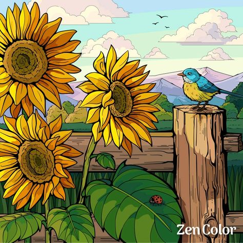 Cartoon Garden, Interesting Drawings, Sunflower Drawing, Hummingbird Painting, Zen Colors, Wine And Canvas, Sunflower Pictures, Garden Drawing, Childrens Drawings