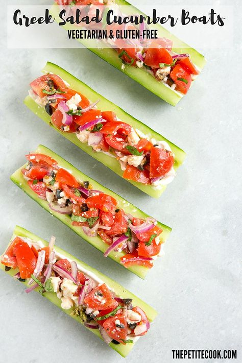 Greek Salad Cucumber Boats - The Petite Cook Vegan Cucumber Boats, Sushi Cucumber Boats, Cucumber Boats Recipes, Boat Day Snacks, Cucumber Boats, Boat Snacks, Cucumber Recipes, Greek Salad, Vegetarian Recipes Easy