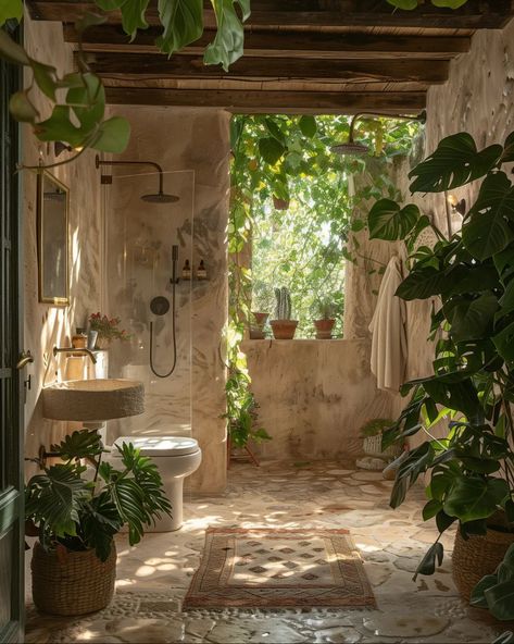 Hacienda Master Bath, Greek Style Bathroom, Hippie Room Decor Bohemian, Modern Mediterranean Bathroom, Nature Bathroom, Tuscany Home, Italian Bathroom, Modern Small House Design, Dream Life House