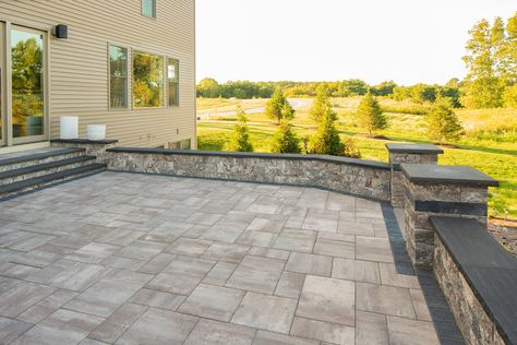 Outdoor Hardscape, Decorative Retaining Walls, Ledgestone Wall, Stamped Concrete Patio Designs, Retaining Wall Patio, Backyard Gates, Outdoor Improvements, Cambridge Pavingstones, Deck Remodel