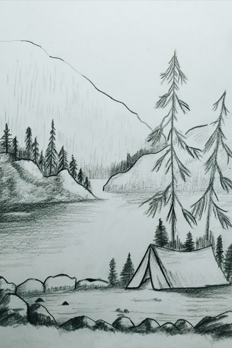 Pencil Drawing Scenery Nature, Landscape Sketch Pencil Nature Easy, Shaded Painting Art, Easy Landscaping Drawing, Easy Sketches Of Nature, Pencil Sketch Scenery Nature, Outdoor Drawing Ideas, Drawing Ideas Landscape Pencil Easy, Easy Scenery Sketch