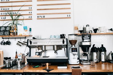 Coffee, espresso, and beverage equipment Industrial Coffee Bar, Coffee Shop Supplies, Coffee Shop Equipment, Industrial Coffee Shop, Coffee Food Truck, Starting A Coffee Shop, Opening A Cafe, Bar Equipment, Opening A Coffee Shop