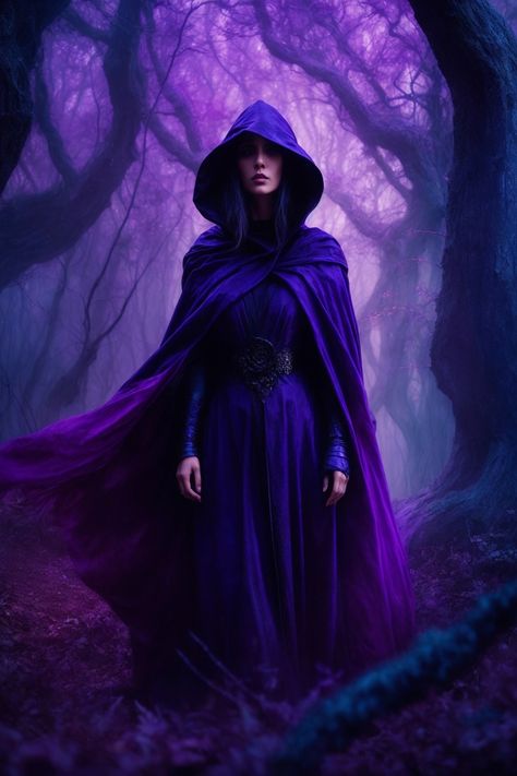 Purple Assassin Outfit, Dark Sorceress Outfit, Purple Energy Aesthetic, Dark Purple Aesthetic Outfit, Purple Witch Outfit, Purple Witch Dress, Dark Fantasy Witch, Purple Witch Aesthetic, Mage Clothing