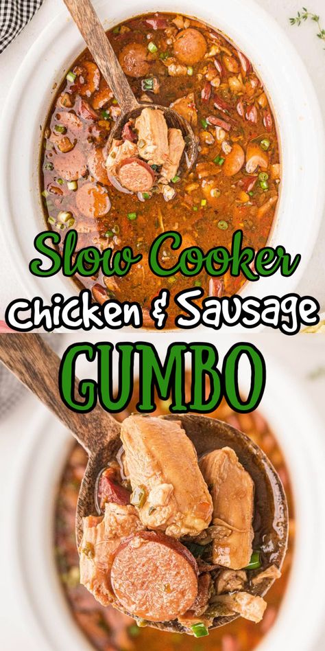 Collage of gumbo images. Top: Chicken and Sausage Gumbo in the slow cooker. Bottom: A serving of gumbo in a spoon. Chicken And Sausage Gumbo Recipe Crockpot, Sausage Gumbo Recipe Crock Pots, Gumbo Recipe Easy Crock Pot, Crockpot Recipes Gumbo, Mardi Gras Crockpot Recipes, Chicken Sausage Gumbo Crockpot, Gumbo Crockpot Slow Cooker, Crockpot Gumbo Recipe Slow Cooker, Louisiana Gumbo Recipe Authentic Chicken And Sausage