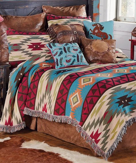 Southwest Expressions Southwestern Bedding Woven with a classic kilim design in a vintage palette of blues, reds and greens, the cotton/poly Southwest Expressions Tapestry King Coverlet creates an inviting southwest space. Machine wash. Measures 106"W x 90"L. ~ Southwest Bedding, Southwestern Bedroom, Southwestern Bedding, Western Bedrooms, Western Bedroom Decor, Western Rooms, Western Bedding, Western Bedroom, Black Forest Decor